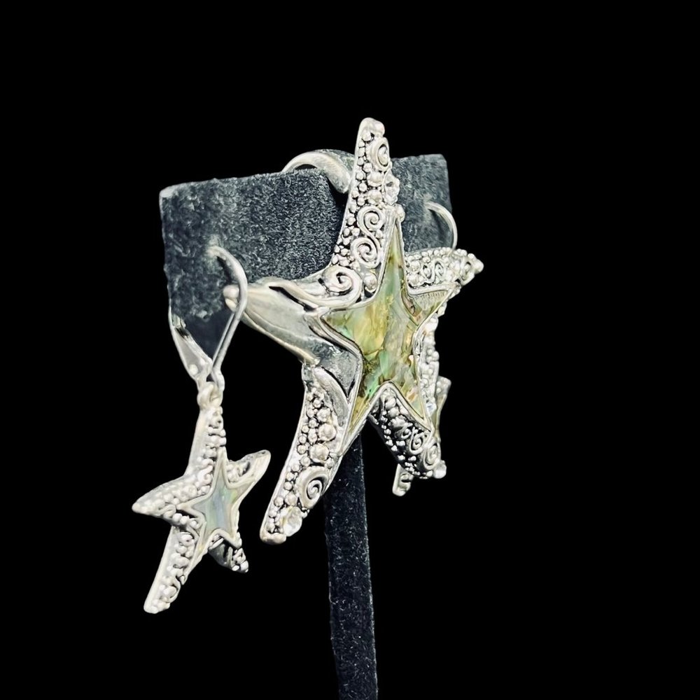 Silver Tone & Abalone Shell Magnetic Star Pendant W/Pierced Earrings Set (5098) - Picture 3 of 11